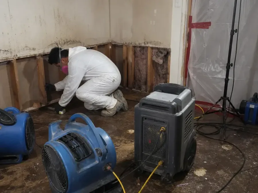 Containment door, air scrubber and dehumidifier set up inside a house during drying