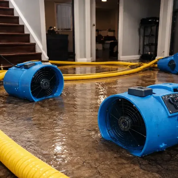 Blue air movers and yellow ducts arranged across a wet floor