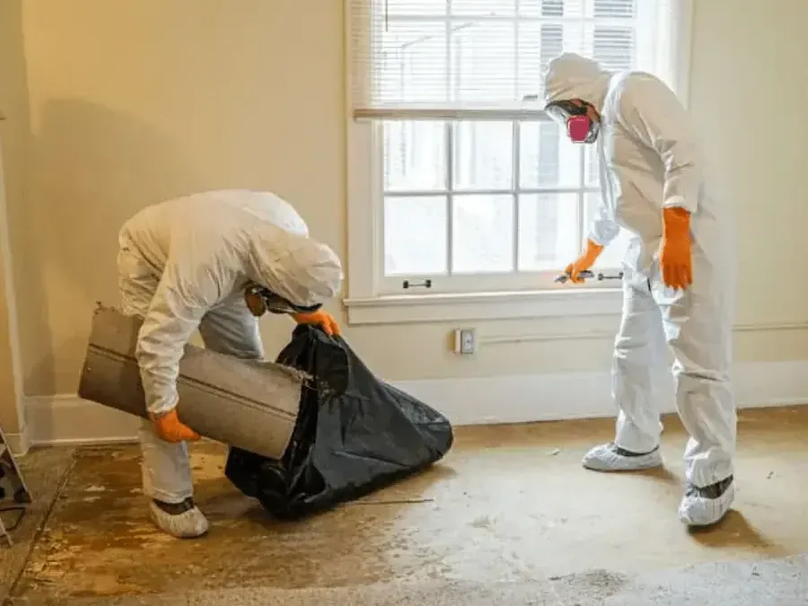 Technicians in protective suits bagging removed flooring and treating an exposed floor