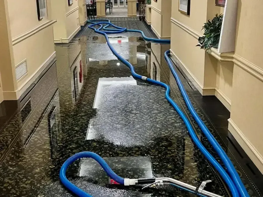 Extraction hoses removing standing water from a flooded apartment corridor